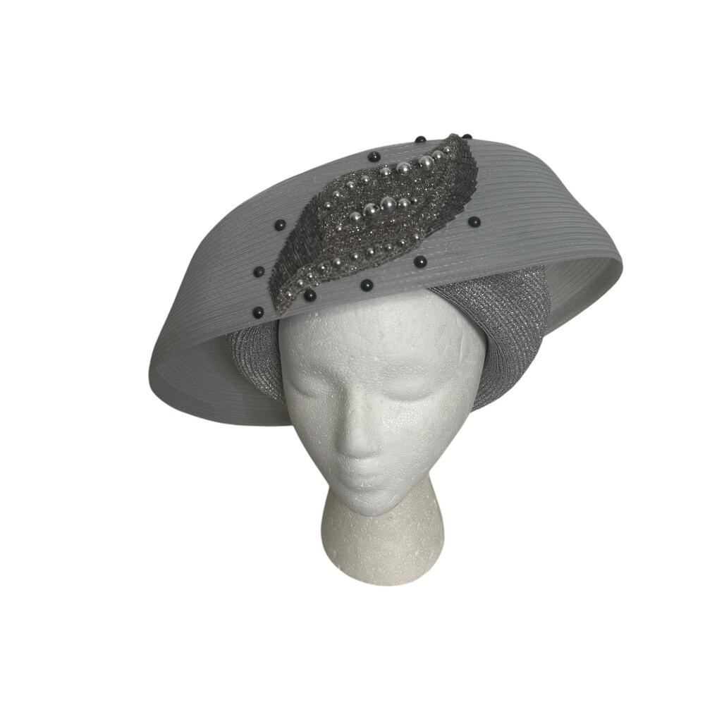 Vintage Sandra Silver Wide Brim Church Derby Hat Beaded Statement - Picture 7 of 11